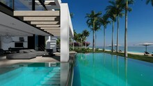 4K Video Rendering Of Modern Cozy House With Pool And Parking For Sale Or Rent In Luxurious Style By The Sea Or Ocean. Sunny Day By The Coast With Palm And Flowers In Tropical Island Fly-walk