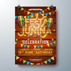 Sticker - Festa Junina Party Flyer Design with Flags, Paper Lantern and Typography Lettering on Vintage Wood Background. Vector Traditional Brazil Sao Joao June Festival Illustration for Banner, Invitation or