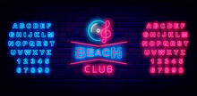 Beach Club Neon Signboard. Shiny Blue And Pink Alphabet. Dance Music Design. Editable Stroke. Vector Stock Illustration