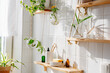 Leinwandbild Motiv Wooden shelves with cosmetics and toiletries against white tile wall with biophilic and eco friendly design. Hanging glass pots with green plants