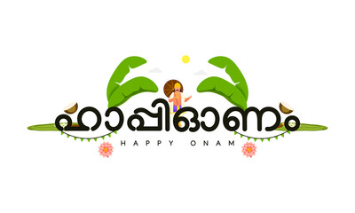 Sticker - Happy Onam Lettering In Malayalam Language With King Mahabali Standing, Coconut Slice, Banana Leaves And Sun On White Background.