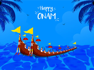 Wall Mural - Happy Onam Celebration Concept With Aranmula Boat Race On Blue Background.