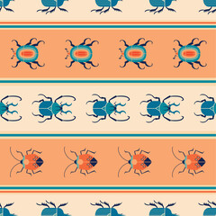 Wall Mural - Colorful striped seamless pattern with retro bugs. Vector print with stripes and bugs.