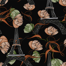 Seamless Pattern Night Paris. France. Romantic Pattern For Print. Drawing With The Eiffel Tower And Flowers.