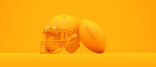 American Football Halmet And Ball On The Orange Background Studio. 3D Render.