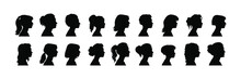 Set Of Diversity Women Silhouette Portraits. Female Head, Face Profile, Vignette. Hand Drawn Illustration For Invitation, Postcard. Portraits Of Beautiful Girls With A Hairstyle. Vector. 
