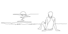 Man Sitting On Sea Beach And Sunset Scenes View Illustration In One Line Drawing. Continuous Line Art Hand Drawn Vector Styles.