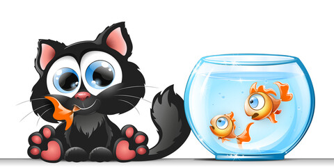 Cat eat one fish from aquarium