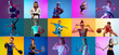 canvas print picture Collage of different little athletess, sportsmen in action and motion isolated on multicolored background in neon. Flyer. Sport for kids