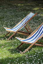 Two Sun Loungers In The Garden, On Green Grass With Daisies