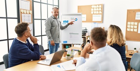 Canvas Print - Group of middle age business workers listening boss conference during meeting at the office.