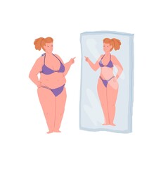 Wall Mural - Vector cartoon flat character misjudging appearance,fat woman looks in mirror and seeing thin person-metaphor of inadequate self-esteem,psychological problems treatment and therapy concept