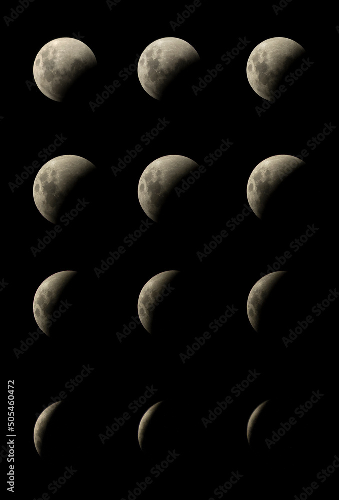 Montage with photos of the total lunar eclipse, the famous blood moon ...