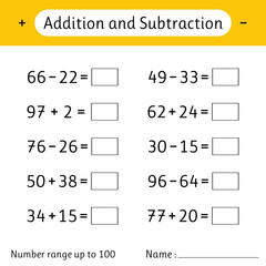 Wall Mural - Addition and Subtraction. Number range up to 100. Math worksheet for kids. Solve examples. Developing numeracy skills. Mathematics