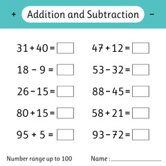 Wall Mural - Addition and Subtraction. Number range up to 100. Math worksheet for kids. Solve examples. Mathematics. Developing numeracy skills