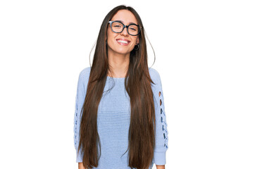 Sticker - Young hispanic girl wearing casual clothes and glasses looking positive and happy standing and smiling with a confident smile showing teeth