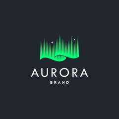 green aurora borealis logo, modern northern lights sky aurora and stars icon logo design illustratio