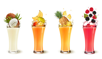 Canvas Print - Set of fresh fruits and berries in juice splash in a glasses. Pineapple, strawberry, raspberry, blackberry, banana, coconut, pear, mango. Vector