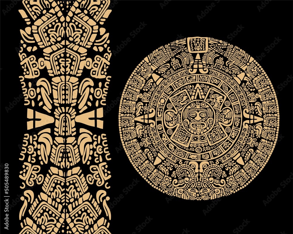 Ancient Mayan calendar. Vector illustration on black background. Images ...