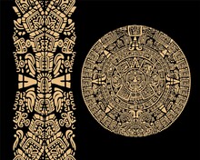 Ancient Mayan Calendar. Vector Illustration On Black Background. Images Of Characters Of Ancient American Indians.The Aztecs, Mayans, Incas.