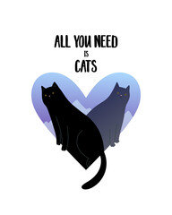 Wall Mural - Cute cartoon composition of black cats in the shape of a heart. Modern abstract poster, card. Love quote