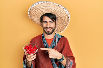 Young hispanic man wearing mexican hat holding chili smiling happy pointing with hand and finger