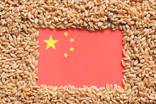 Grains Of Wheat And Flag Of China, Food Crisis, Concept Of Global Hunger Crisis As A Result Of War. Export Import.