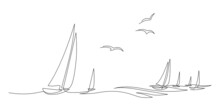 Yachts On Sea Waves. Seagull In The Sky. Draw One Continuous Line. Vector Illustration. Isolated On White Background