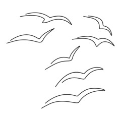 Wall Mural - Set of a flock of flying seagulls. Vector. Continuous line drawing illustration.