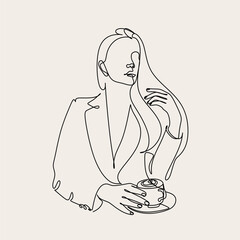 Wall Mural - Woman with Coffee cup. Continuous drawing of the coffee cup line. Vector illustration. Female barista