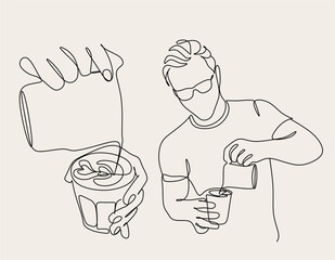 Wall Mural - Coffee barista line drawing. Minimalist line art of man doing coffee