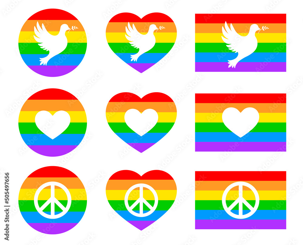 Happy pride month. Set of rainbow icons with white heart, peace dign ...
