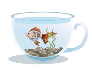 Wall Mural - Glass cup with golden fish isolated on white background