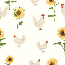 Seamless Pattern With Roosters, Hens And Sunflowers