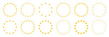 Stars Of Various Sizes Arranged In A Circle. Round Frame, Border. Yellow Star Shape, Simple Symbol. Design Element, Ornament. Vector Illustration