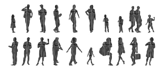 Vector silhouettes, Outline silhouettes of people, Contour drawing, people silhouette, Icon Set Isolated, Silhouette of sitting people, Architectural set