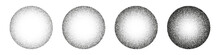Round Shaped Dotted Objects, Stipple Elements. Fading Gradient. Stippling, Dotwork Drawing, Shading Using Dots. Pixel Disintegration, Halftone Effect. White Noise Grainy Texture. Vector Illustration