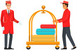 Bellboy workers with hotel baggage trolley. Handtruck for transportation of luggage. Hotel staff in uniform during work. Young men working as doorman. Doorkeeper, receptionist, porter illustration