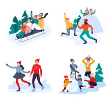 Winter Activities. Happy Family Members Having Fun Outdoor. People Riding Sledge, Making Snowman, Skating