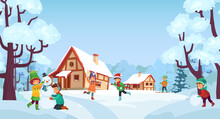 Winter Fun For Kids. Children Playing Snowballs, Making Snowman With Scarf And Hat. Boy Skiing On Snowy Hills