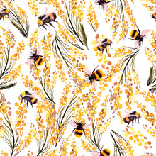 Seamless Pattern With Bumblebee And Flowers Mimosa. Spring, Summer Pattern, Watercolor Illustration
