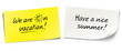 Handwritten messages on sticky notes with happy sun icon. We are on vacation! Have a nice summer!
