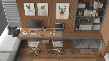 Pet friendly gray and wooden corner office, desk with chairs, computers, bookshelf, dog bed with gate. Window and parquet. French bulldog artworks. Top view, above. Interior design