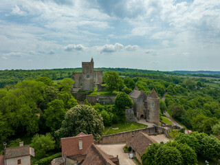 Wall Mural - Aerial view of Brancion castle and medieval village in Burgundy France with square keep, ruined palace building and encircling medieval walls