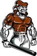 muscular pioneer mascot holding a baseball bat for school, college or league