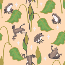 Floral Seamless Pattern With Cute Frog In Cartoon Style And Leaves Green Color.Amphibians Background And Texture For Printing On Fabric And Paper.Vector Hand Drawn Illustration For Design Card.
