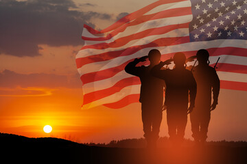 USA army soldiers saluting on a background of sunset or sunrise and USA flag. Greeting card for Veterans Day, Memorial Day, Independence Day. America celebration. 3D-rendering.