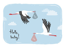 Cartoon Flying Stork In Sky With Baby. Baby Shower Card Design.