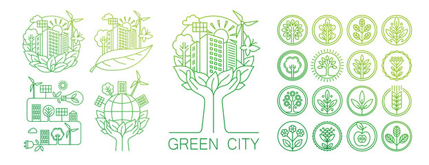 Ecology icons set in linear style. Simple outline abstract emblems isolated on a white background. Collection of eco symbols. Flat illustration. Green city, organic labels, green energy.