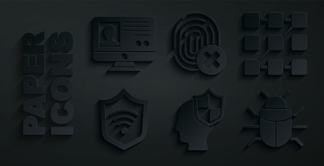 Sticker - Set Head with shield, Graphic password protection, Shield WiFi wireless, System bug, Cancelled fingerprint and Create account screen icon. Vector